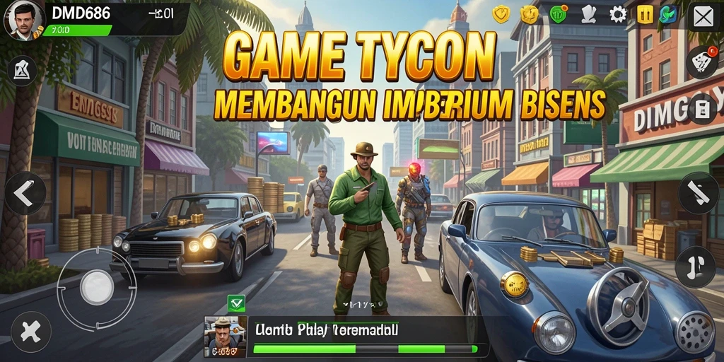 Screenshot gameplay DMD686 yang menunjukkan manajemen bisnis yang seru.
